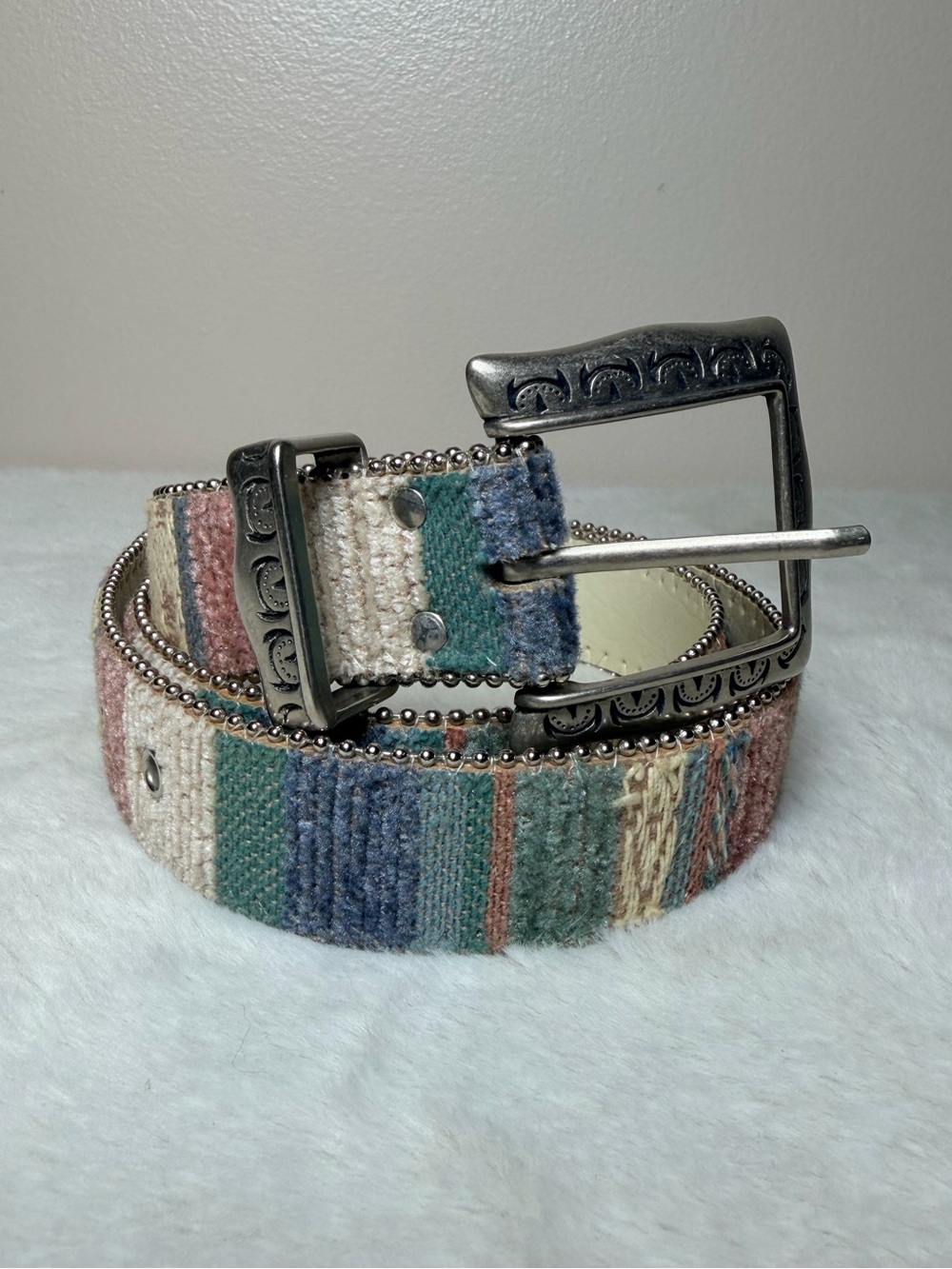 Vintage Elite Fresno Cali. Colorful Woven Belt w Silver Buckle Medium 29 - 33in
